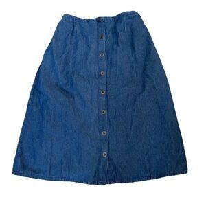 Vermont Country Store Denim Midi Skirt Blue Button Front Sz M (28x28) Elastic